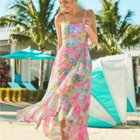 ▫️Lilly Pulitzer Anni Floral Print Maxi Ruffle Hi-Low Dress “Squeeze The - Picture 1 of 14